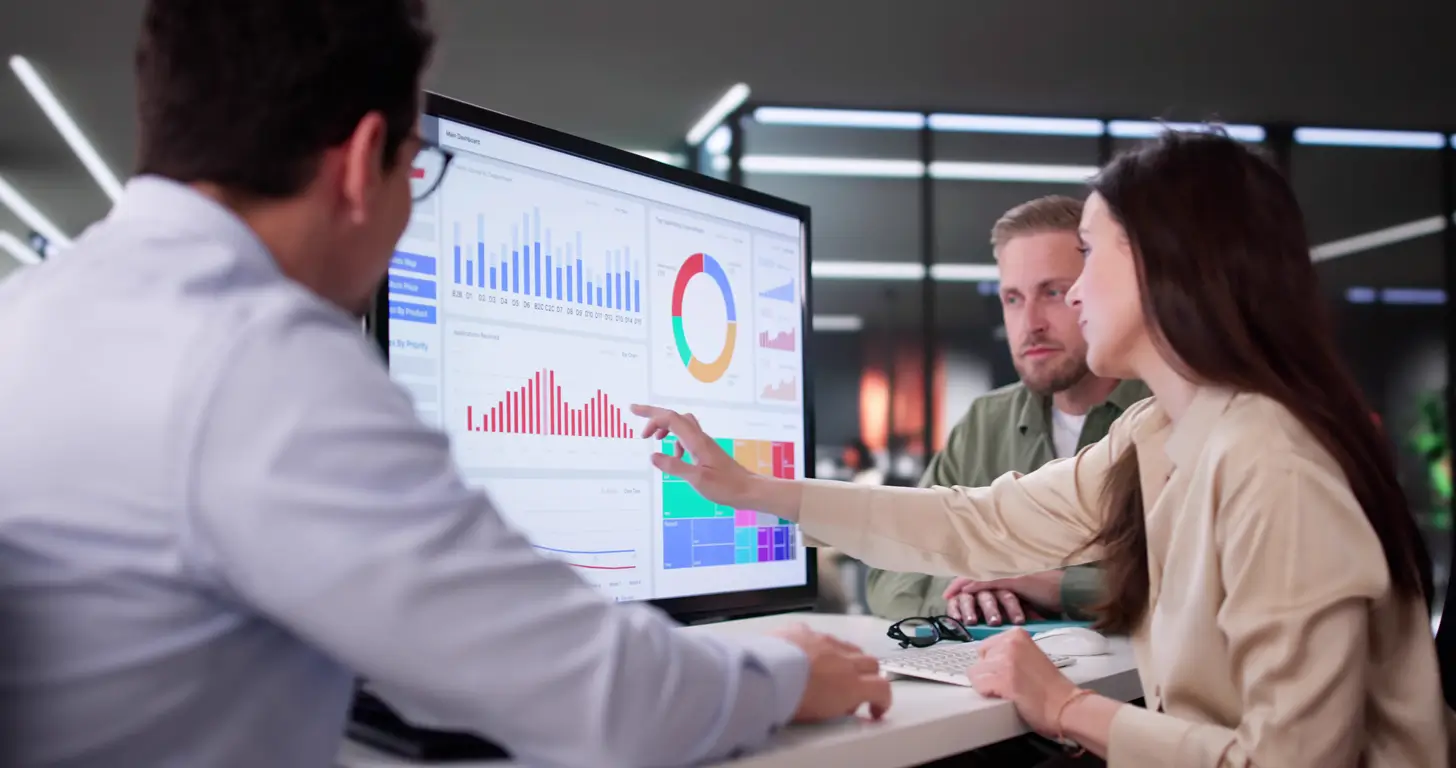 Three individuals analyzing a computer screen displaying various graphs and data visualizations.