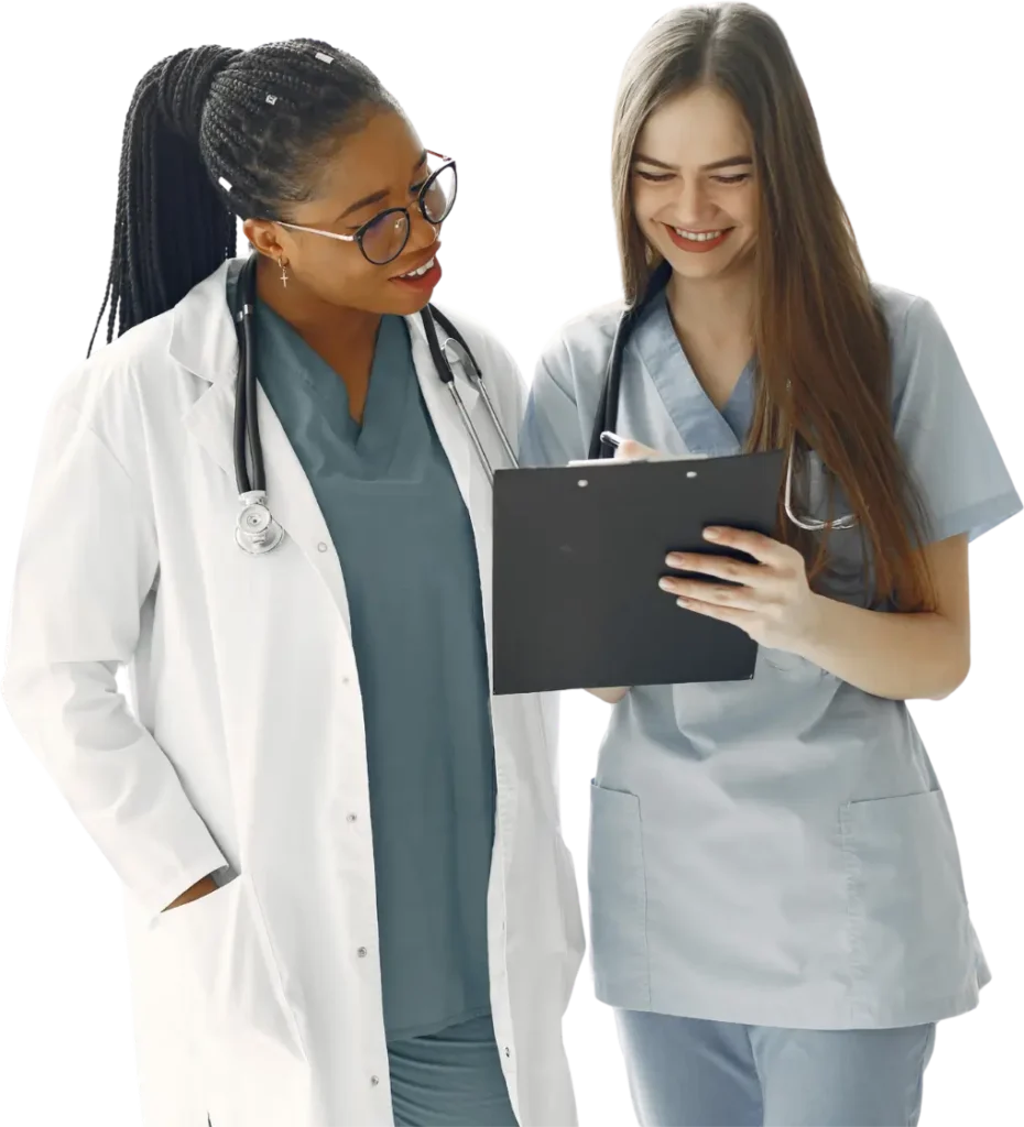 Medical staff viewing results on a clipboard