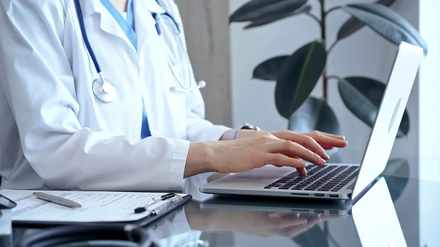 A doctor typing on a laptop, focused on their work in a clinical setting.
