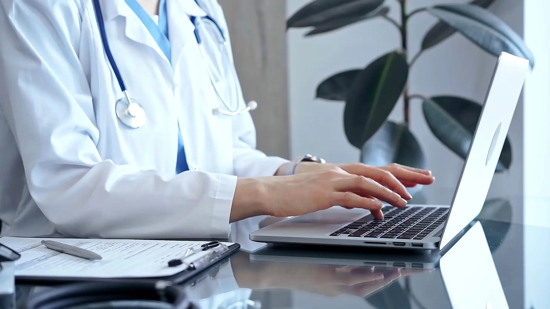 A doctor typing on a laptop, focused on their work in a clinical setting.