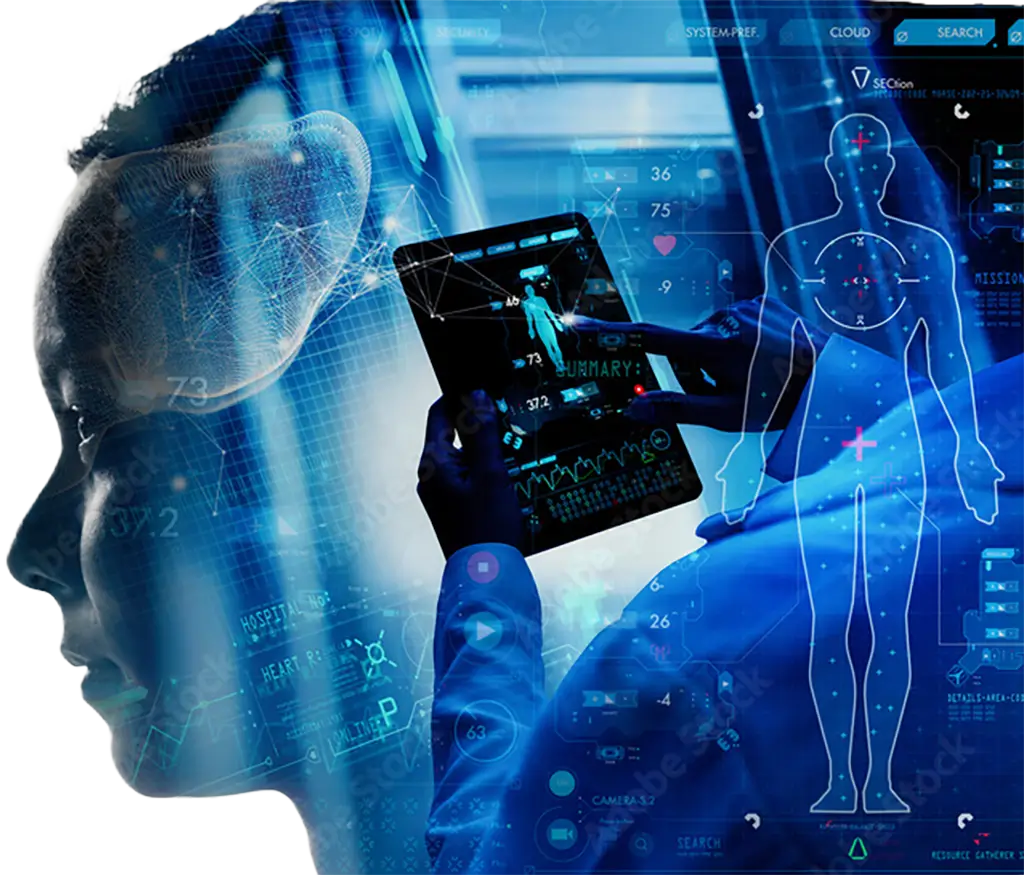 A person is holding a tablet that shows a digital representation of a human body, highlighting its anatomical structure.